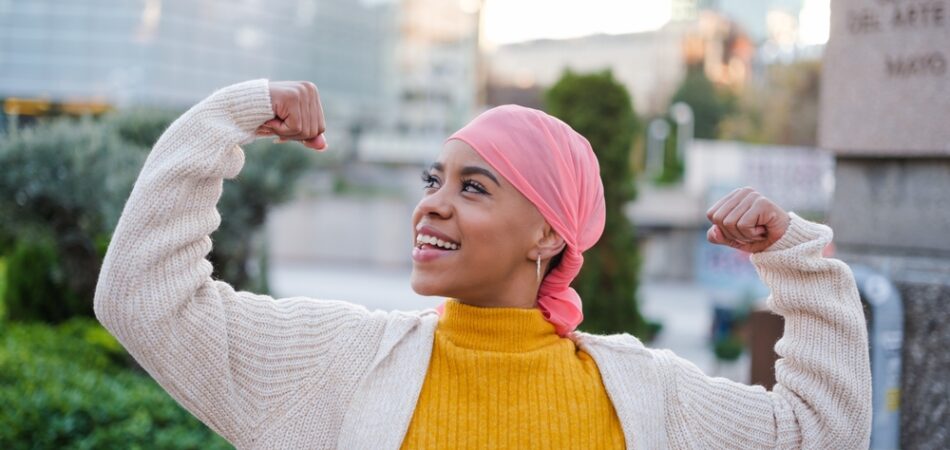 Young,woman,in,pink,scarf,fights,cancer,disease,and,feels