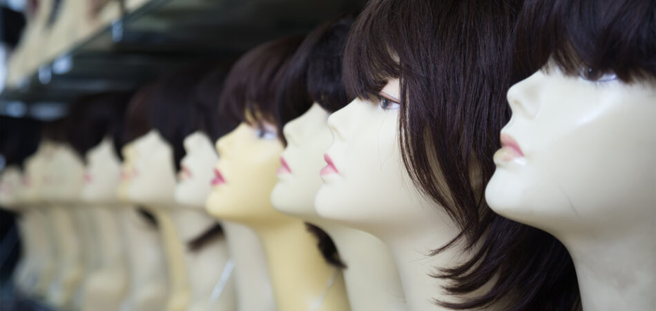 Modern,female,mannequins,with,wigs,on,shelves,of,hair,salon