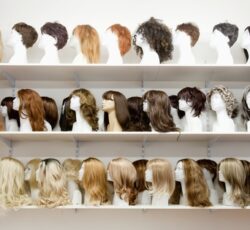 Row,of,mannequin,heads,with,wigs,on,the,shelf